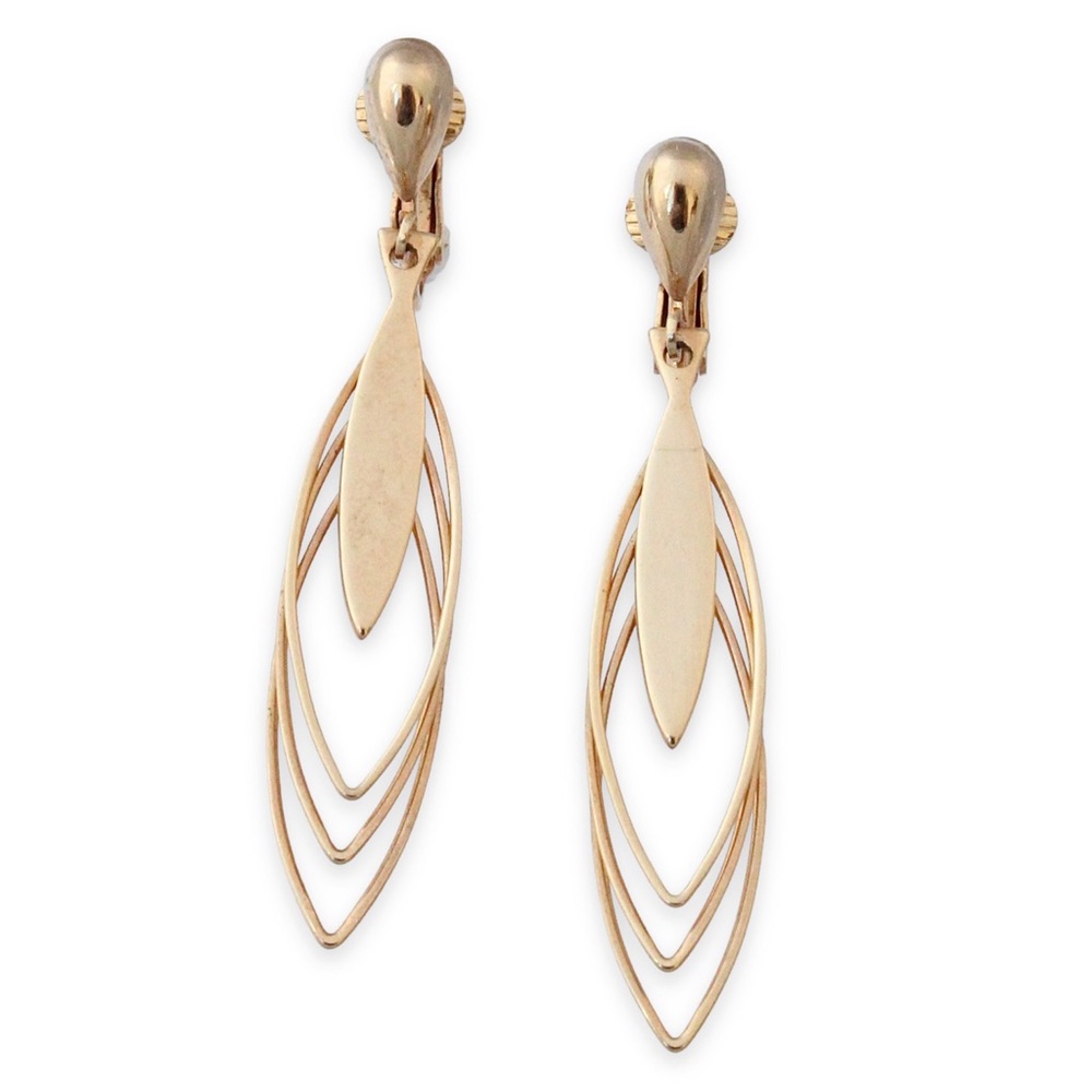 Vintage Clip On Long Dangle Earrings Gold Plated Geometric Modern Art Deco Style